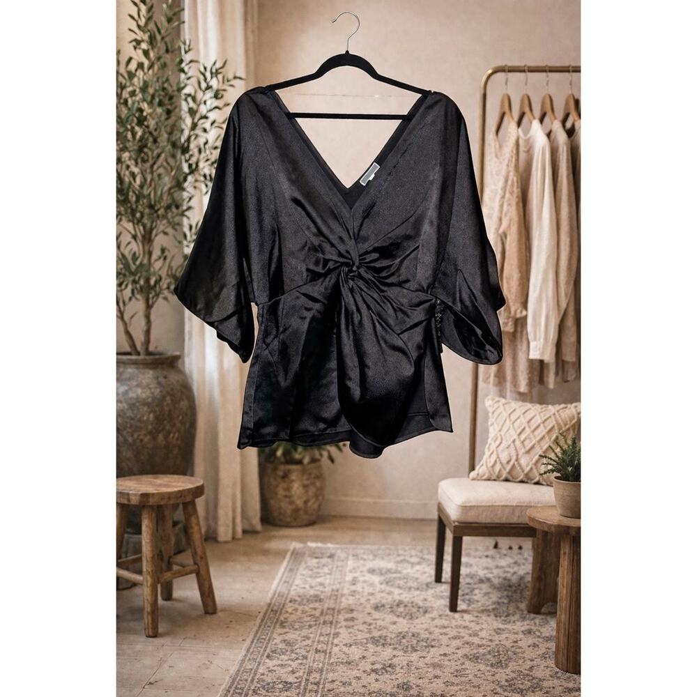 Pleione M Black Satin Peplum Top V Neck Dolman Sleeve Elastic Waist NWT Business